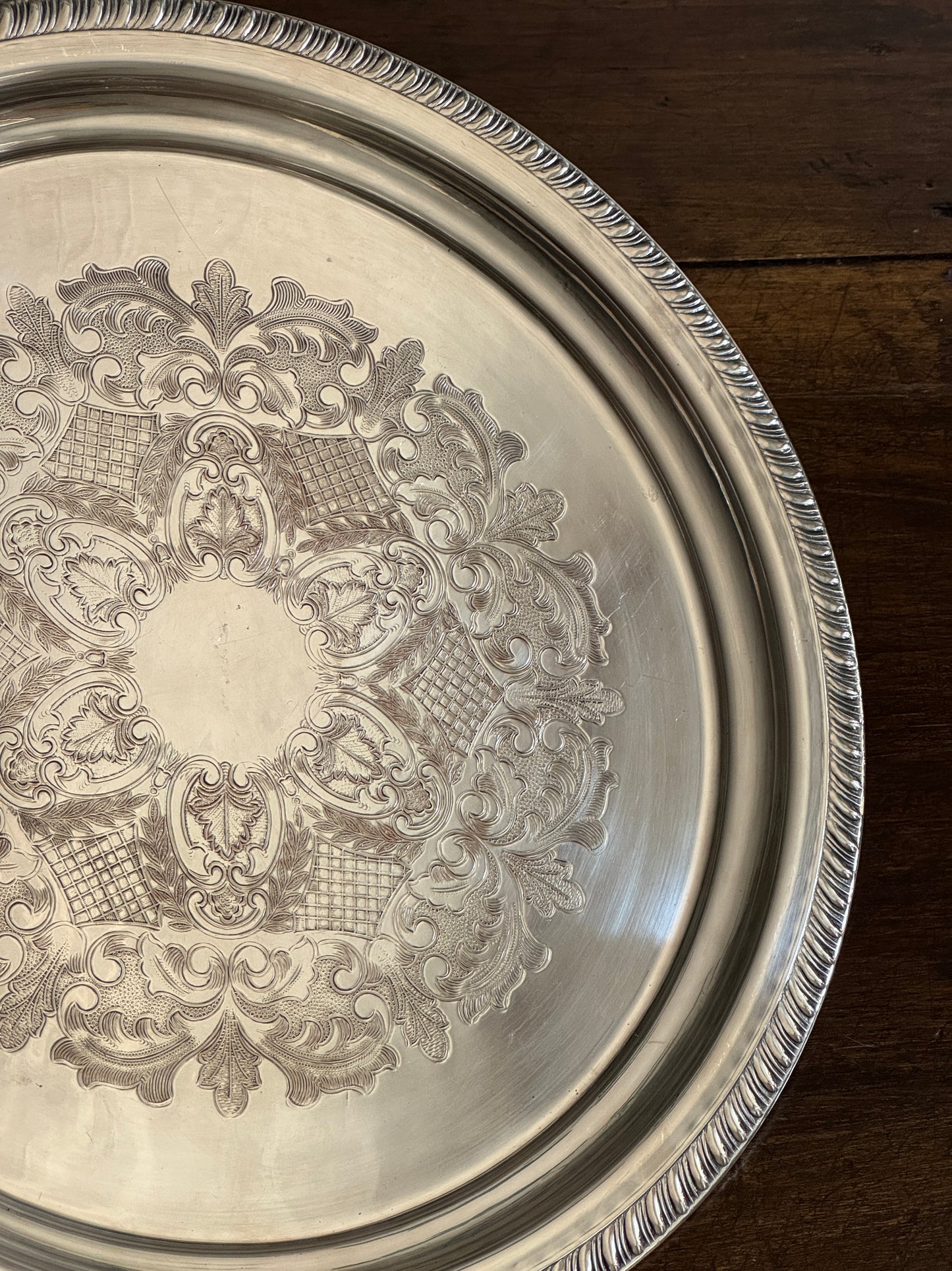 Large Vintage Viking Plate Silver E.P. on Copper Round Tray with Etched Detailing