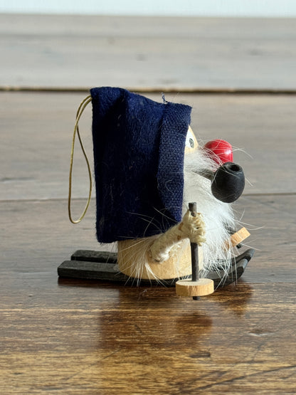 Skier Mini Wood Figurine with Bright Red Nose and Blue Hat