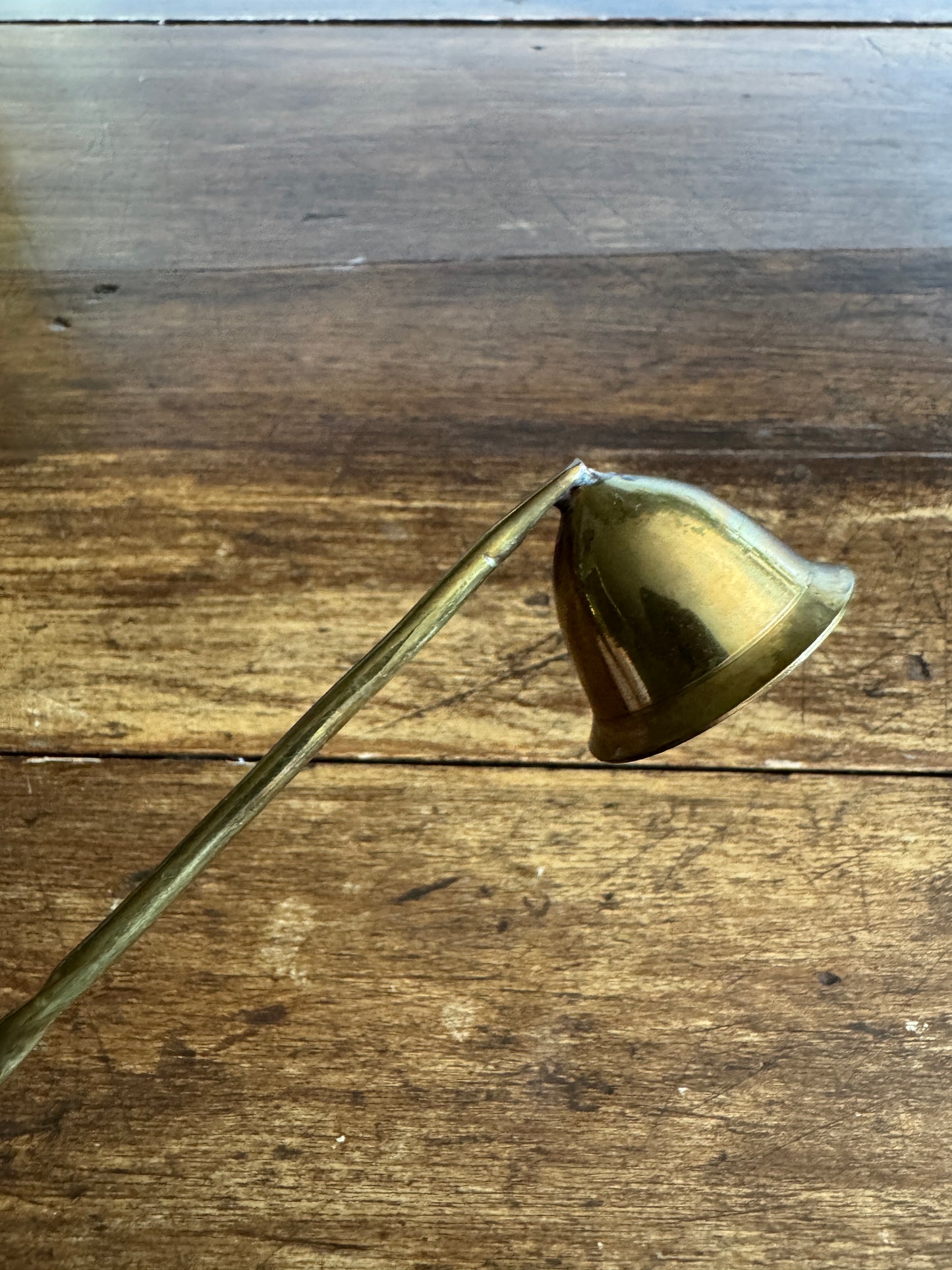 Vintage Brass Candle Snuffer with Fixed Cup and Twisted Post Design