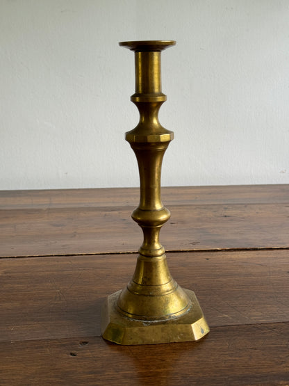 Single Large Brass Candlestick with Squared Base and Simple Fluted Post Detailing