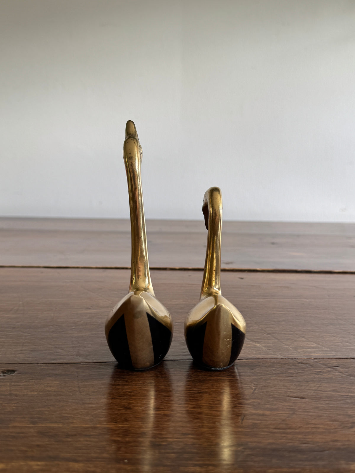 Set of Two Brass Swans with Black Base Detailing - Pair of Brass Birds