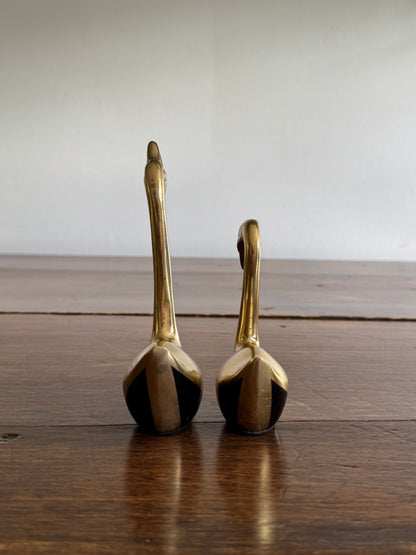 Set of Two Brass Swans with Black Base Detailing - Pair of Brass Birds