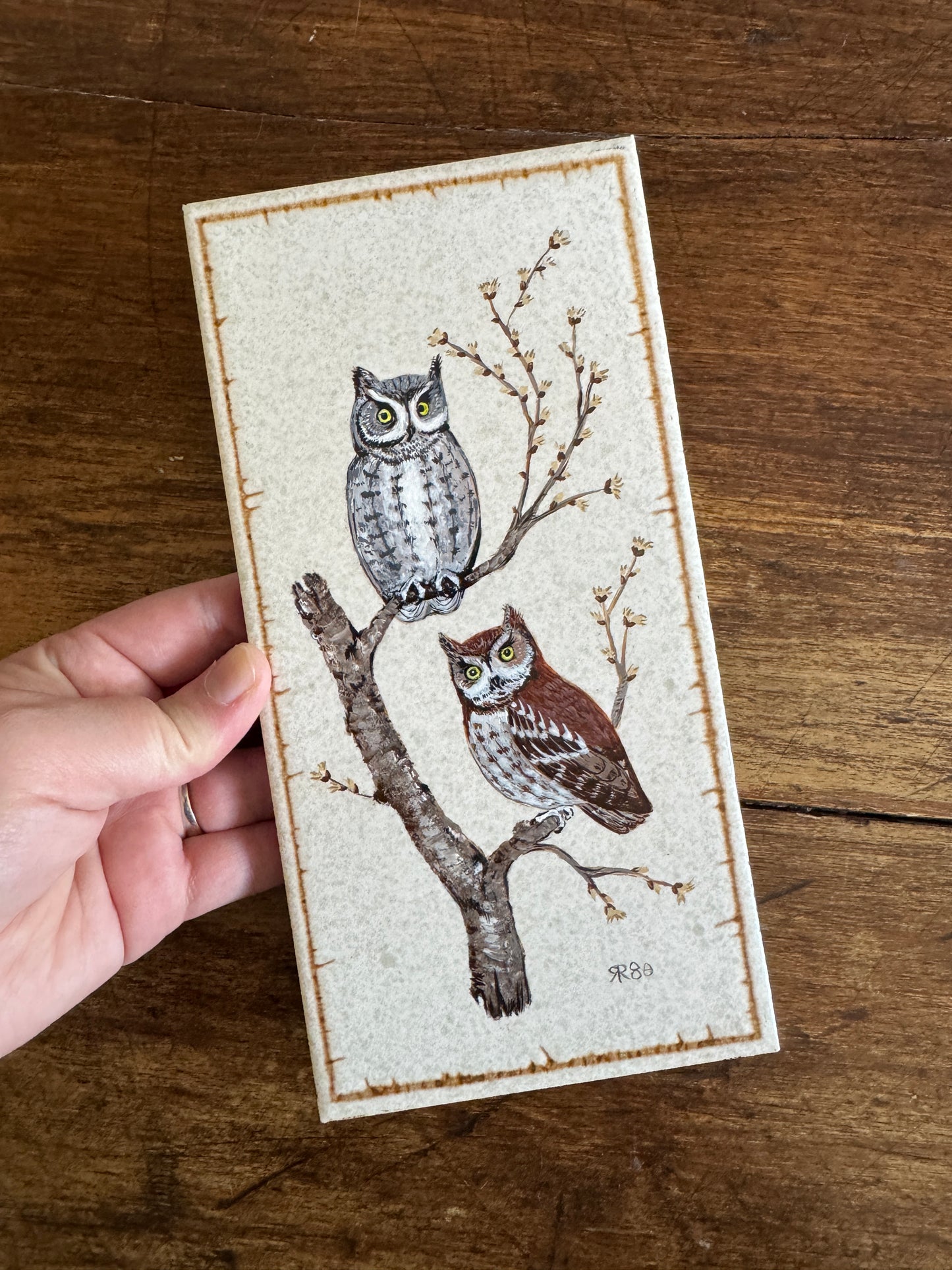 Vintage Hand Painted Owls on Tile - Made in Canada on English Tile