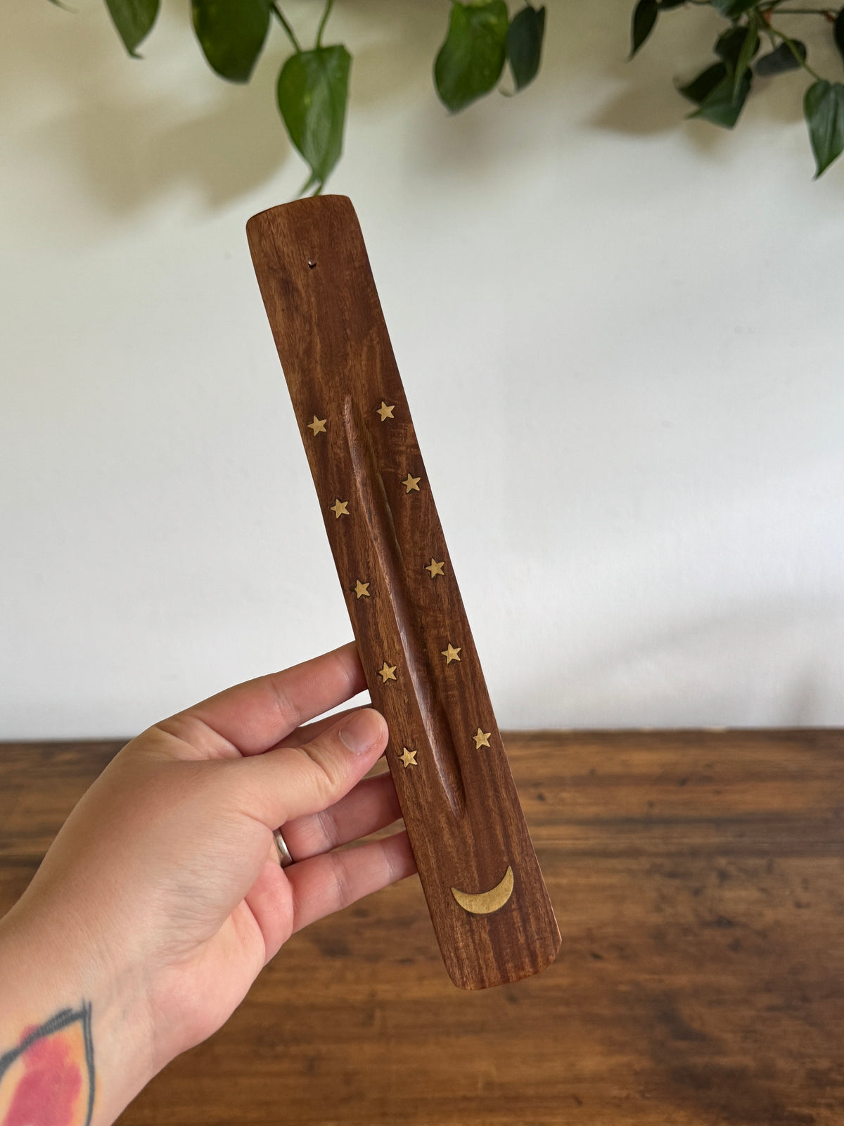 PICK ONE: Wood with Brass Inlay Incense Holder with Moon or Sun Design