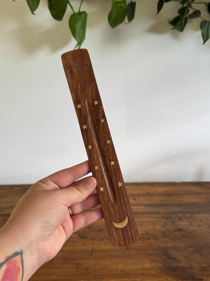 PICK ONE: Wood with Brass Inlay Incense Holder with Moon or Sun Design
