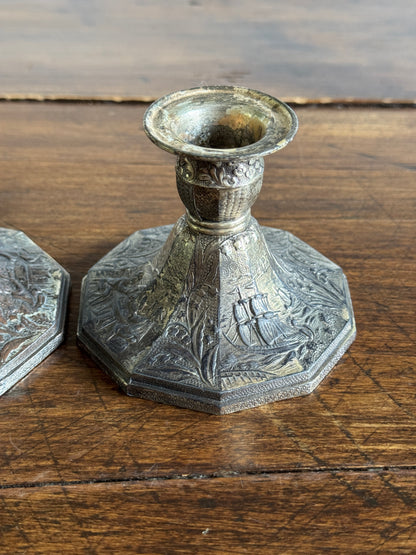 Pair of Etched Silver-Tone Repousse Candle Holders