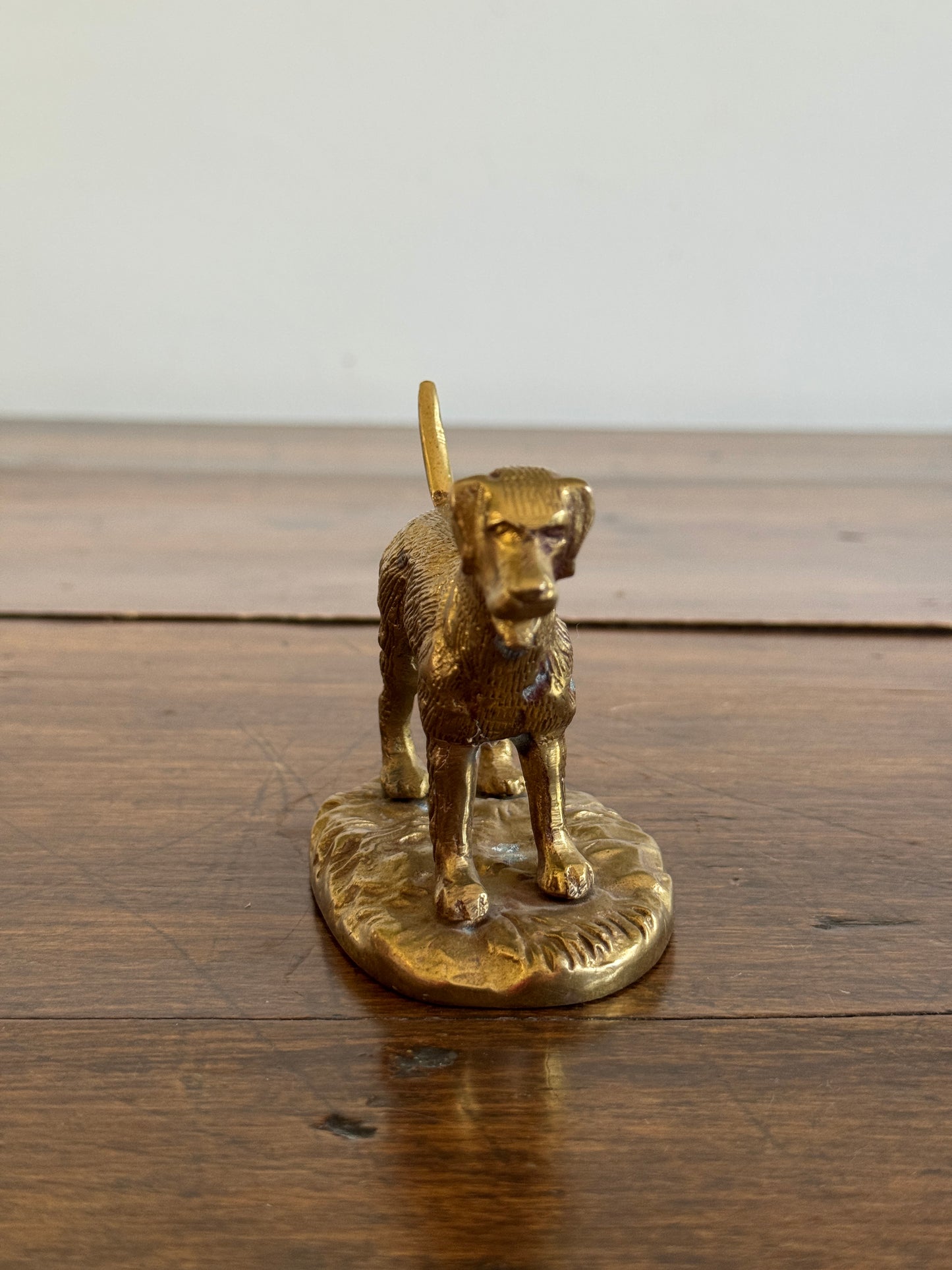 Vintage Brass Dog Figurine on Base - Patina Spots