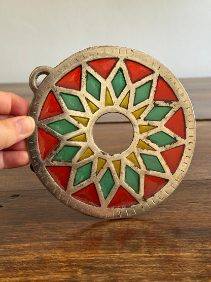 Colourful Metal Trivet with Faux Stained Glass Appearance - Made in Taiwan