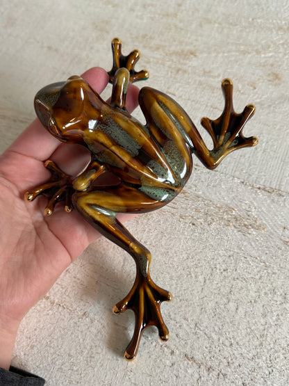 Vintage Pottery Frog with Large Feet - Gold and Green Glazed Frog Figurine