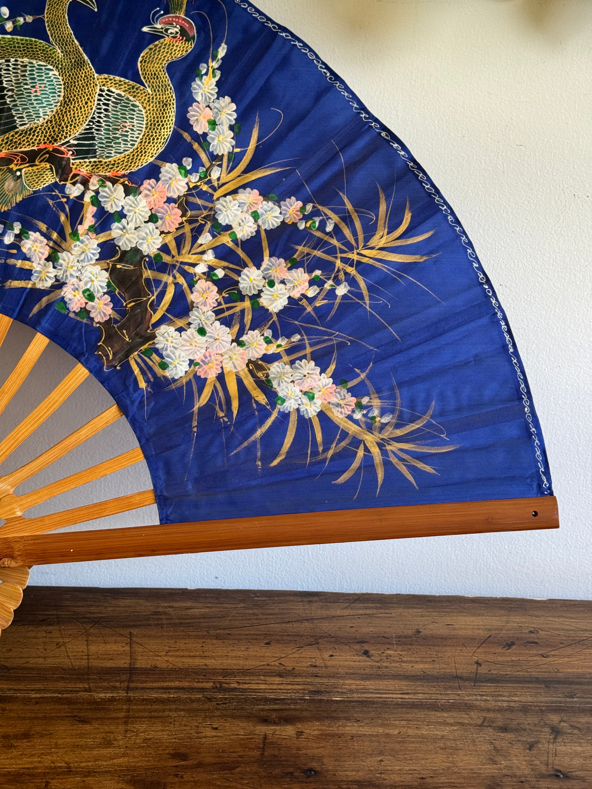 Extra Large Painted Fabric Fan with Peacock and Flowers
