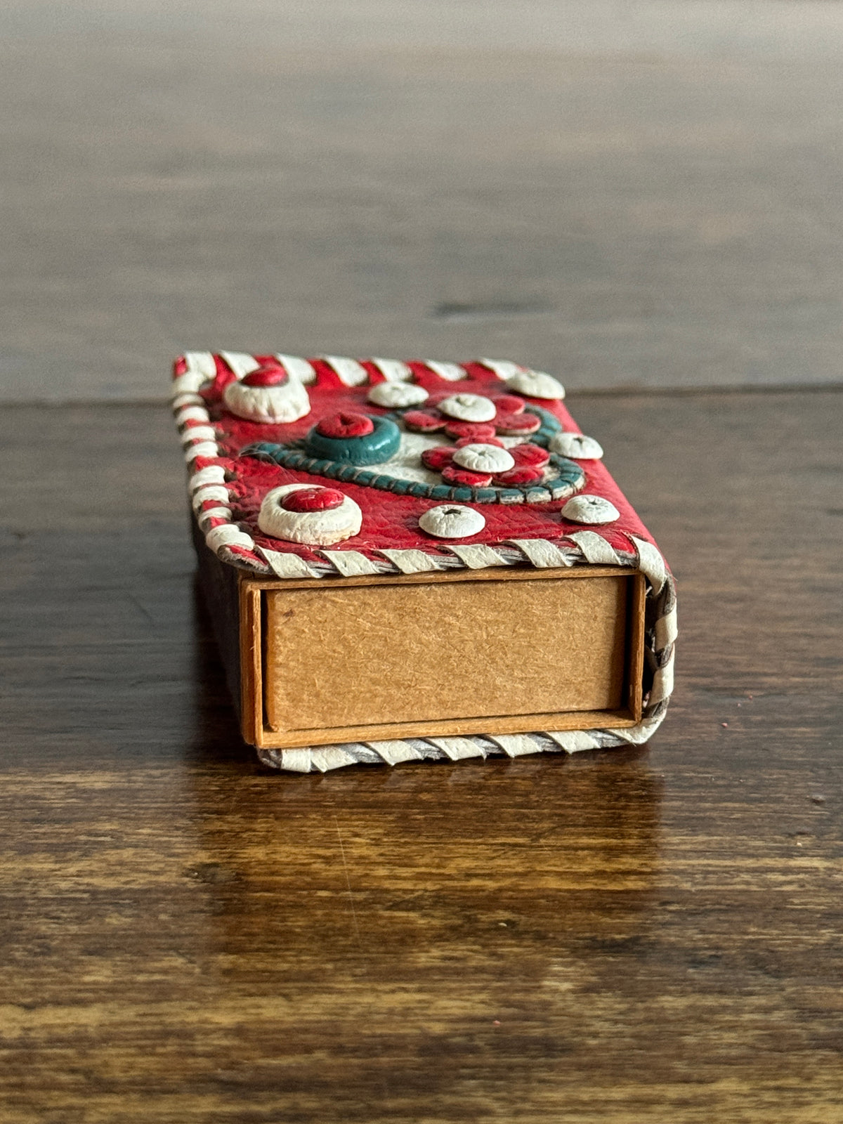 Small Decorative Tooled Leather Match Box Cover/Holder with Heart Design