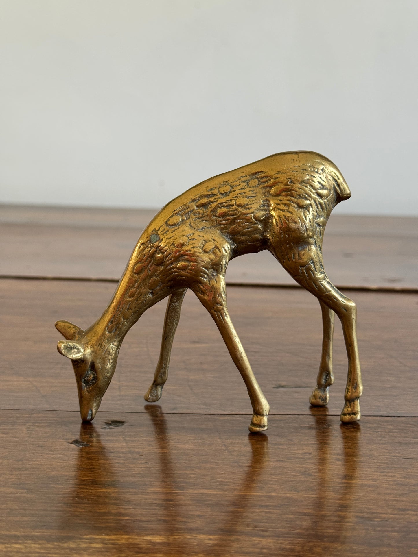 Pair of Vintage Brass Deer Figurines - Grazing Brass Deer
