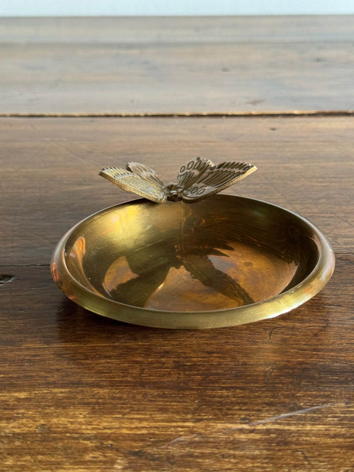 Vintage Brass Shallow Bowl with 3D Butterfly Embellishment - Brass Butterfly Tray