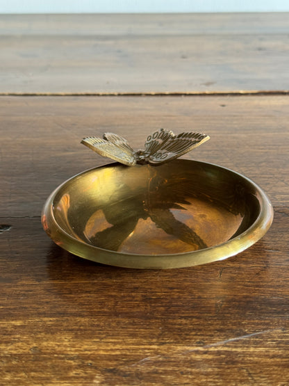 Vintage Brass Shallow Bowl with 3D Butterfly Embellishment - Brass Butterfly Tray