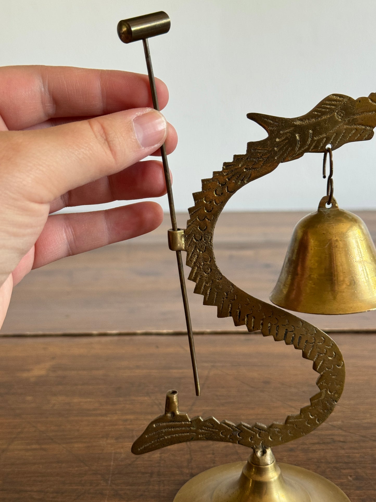 Vintage Brass Dragon Holding Bell with Small Hammer
