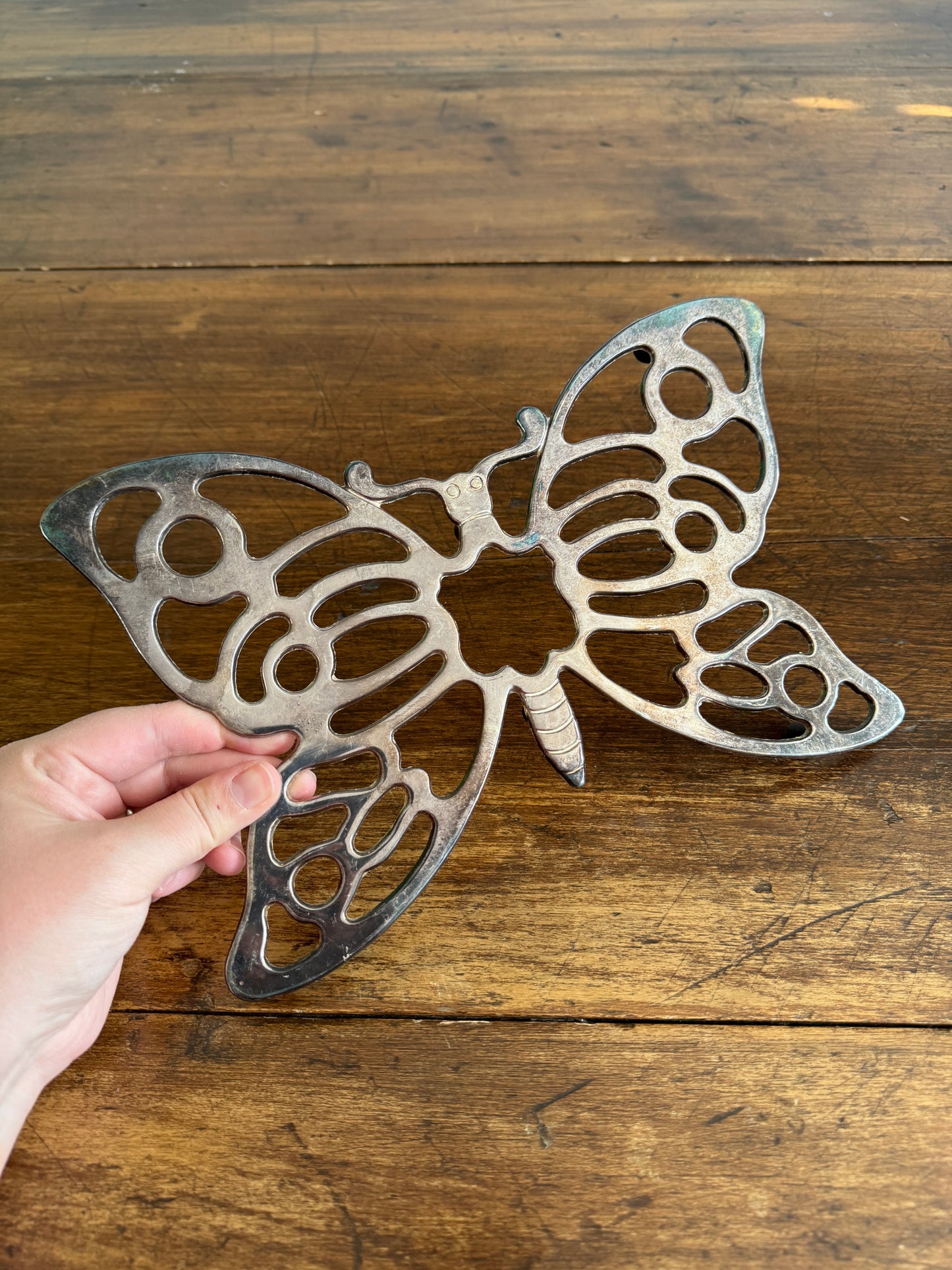 Vintage Silver Tone Metal Butterfly Trivet - Made in Italy
