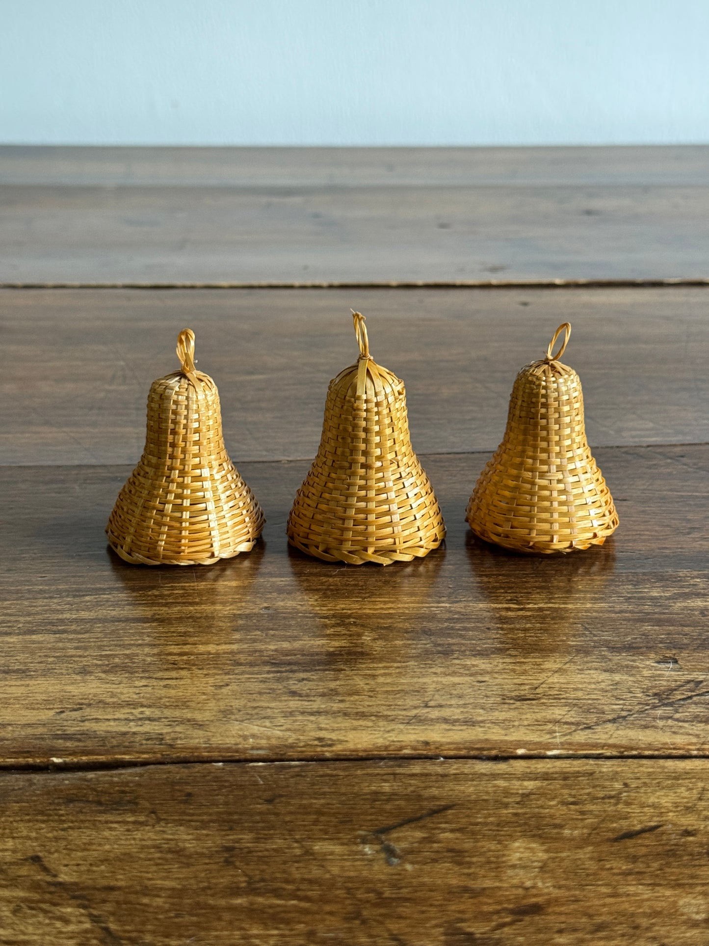 Set of Three Wicker Bells with Woven Bell Clapper and Loop Top