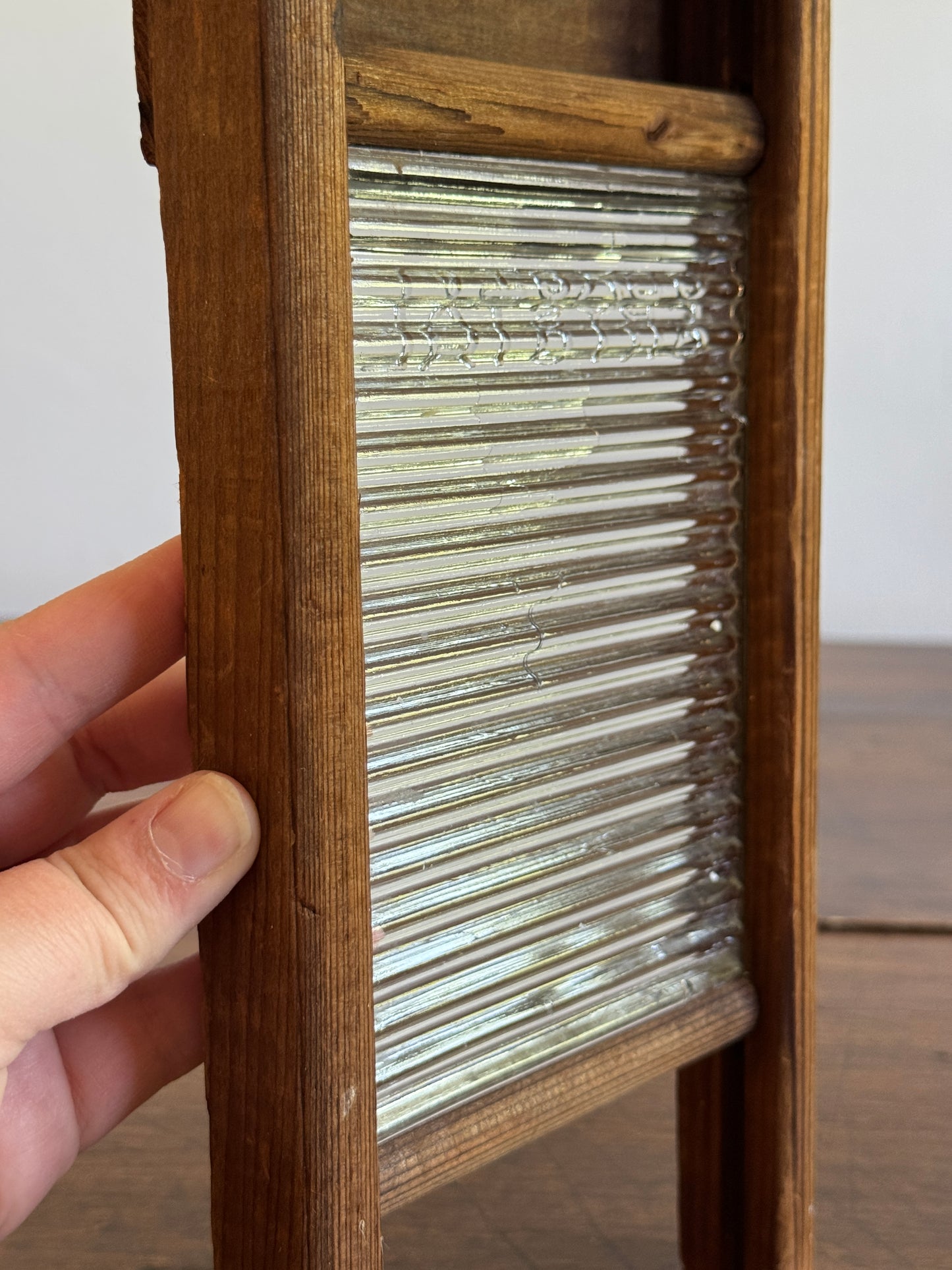 Vintage Small Child Size Wood and Glass Crystal Washboard
