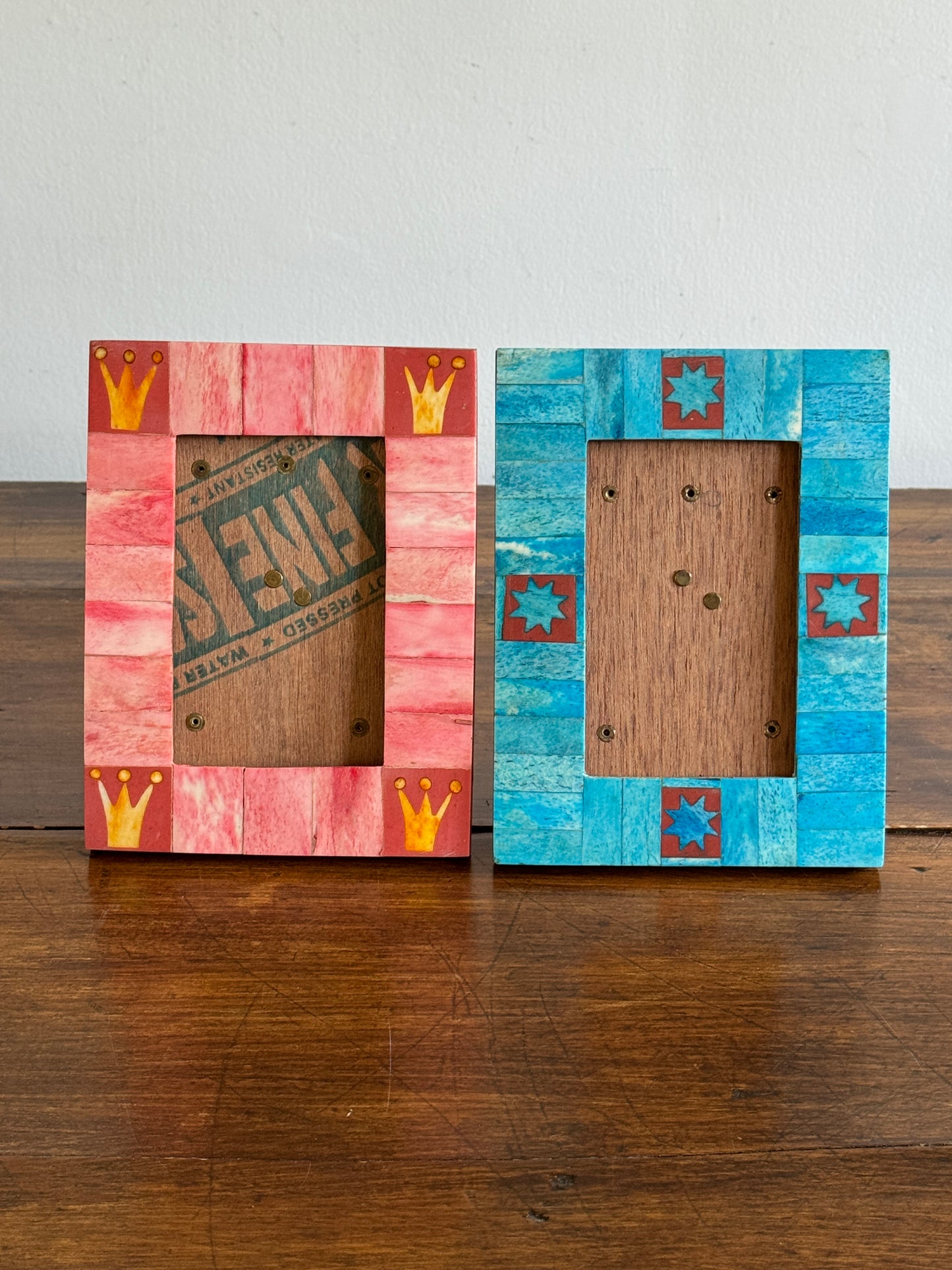 PICK ONE Pink or Blue Inlay Bone on Wood 4x6 Photo Frame
