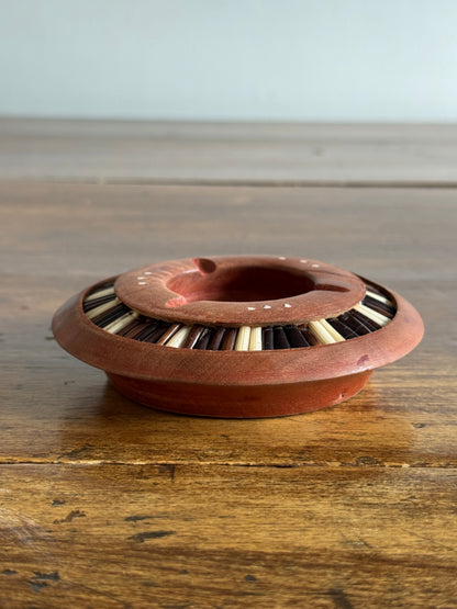 Vintage Wood Inlay Ashtray with Decorative African Porcupine Quill and Bone Design