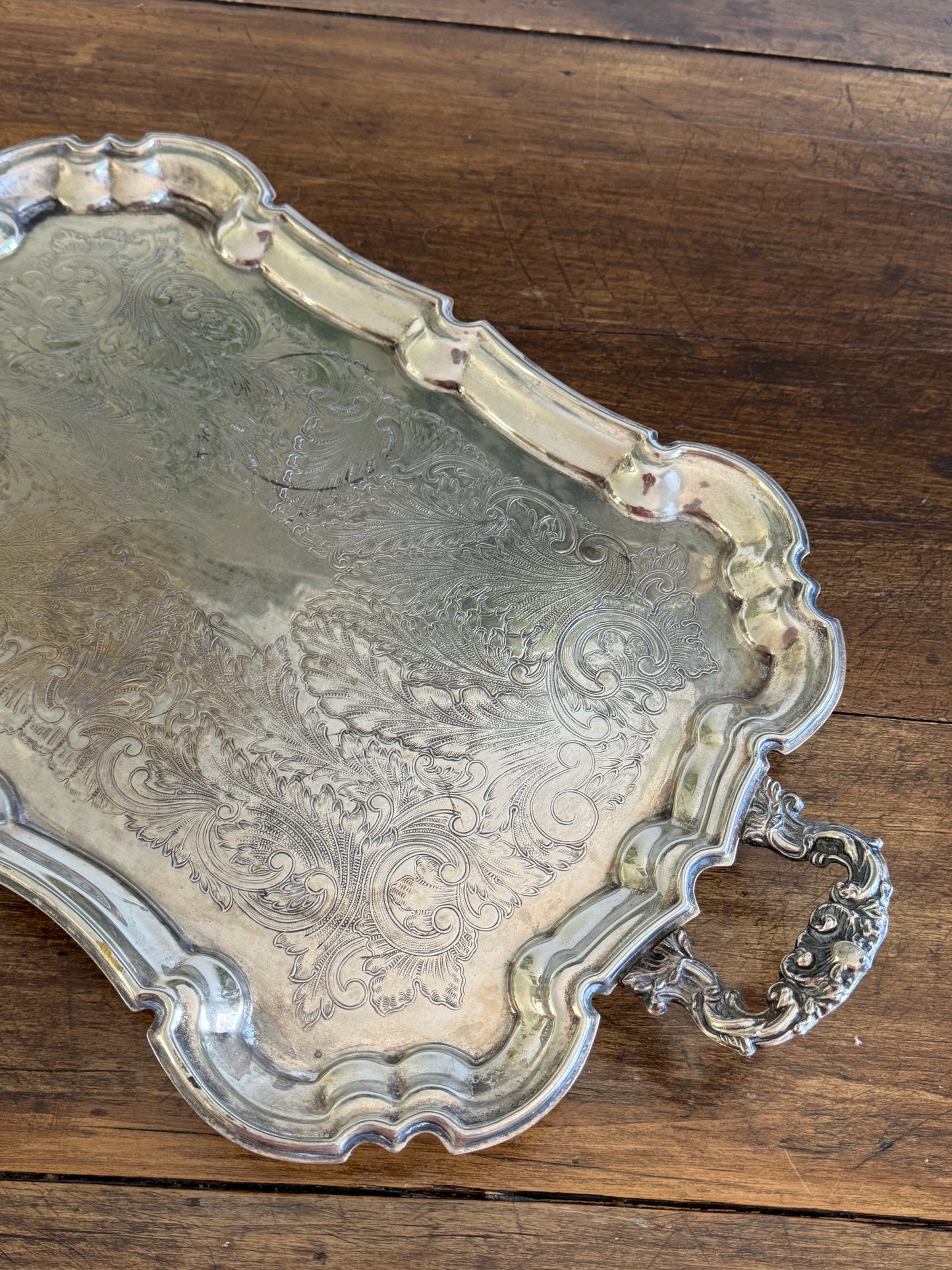 Vintage Large Leonard Silver Plated Over Brass Ornate Serving Platter with Raised Feet and Etched Detailing - Silver Plated Butler Tray