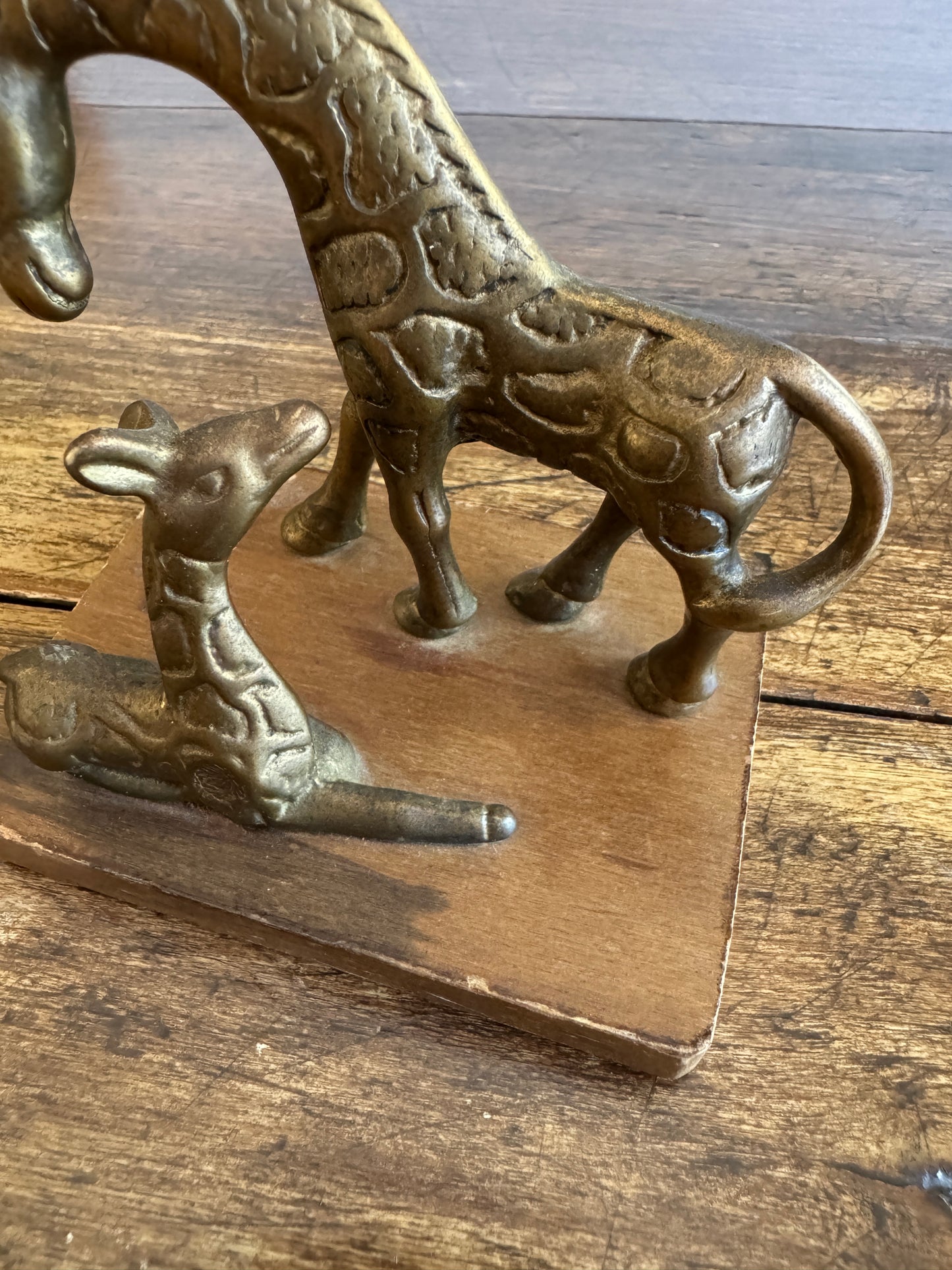 Vintage Small Brass Giraffes on Wooden Base