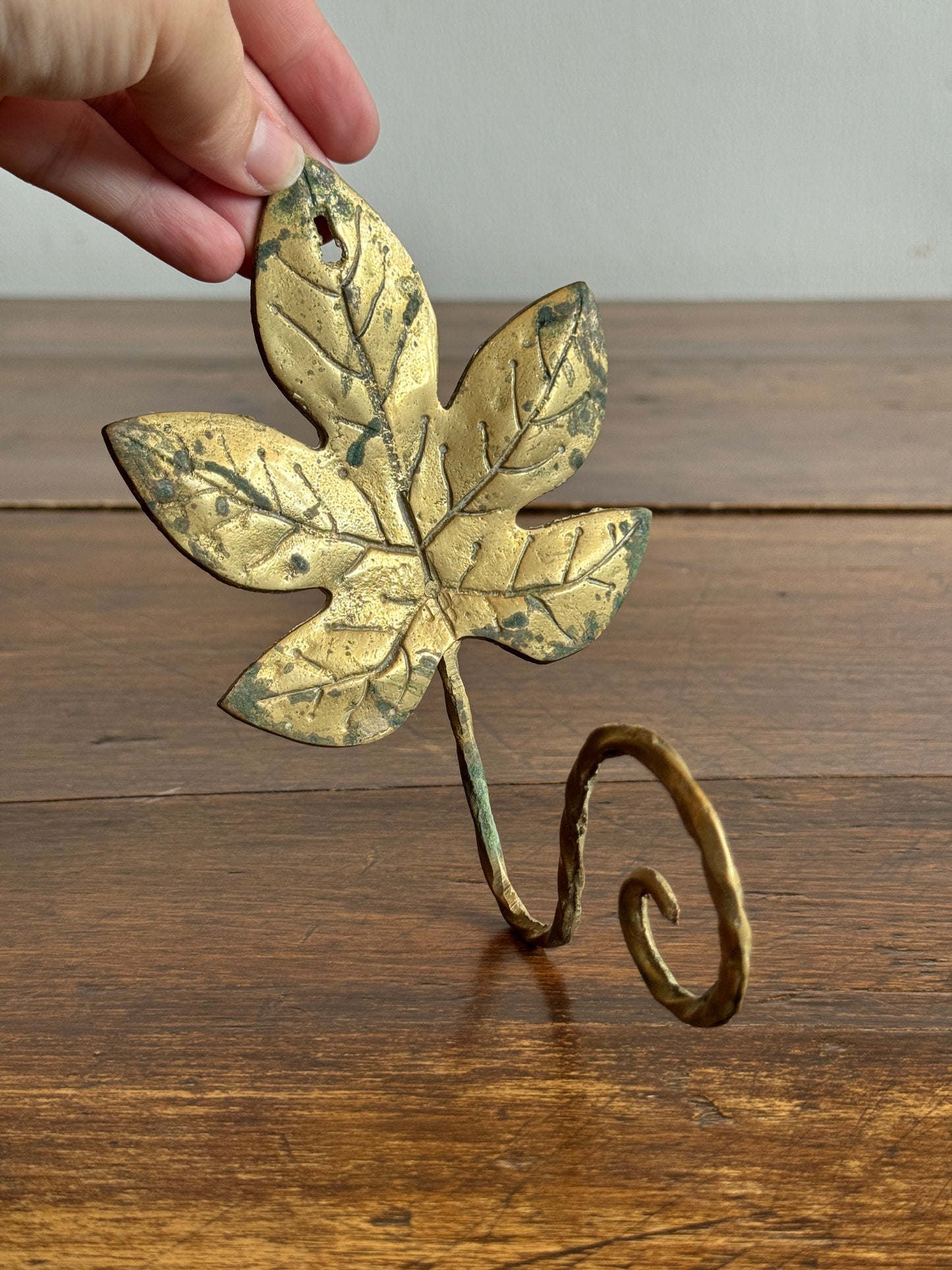 Vintage Cast Brass Leaf Hook with Swirled Hanger