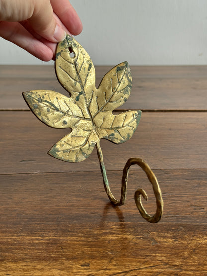Vintage Cast Brass Leaf Hook with Swirled Hanger