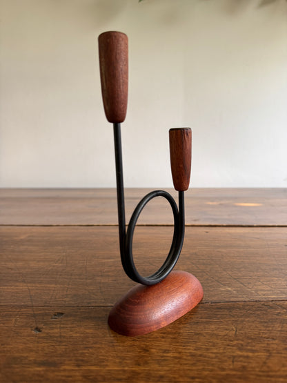 Vintage Teak Mid Century Candle Holder for Skinny Tapers