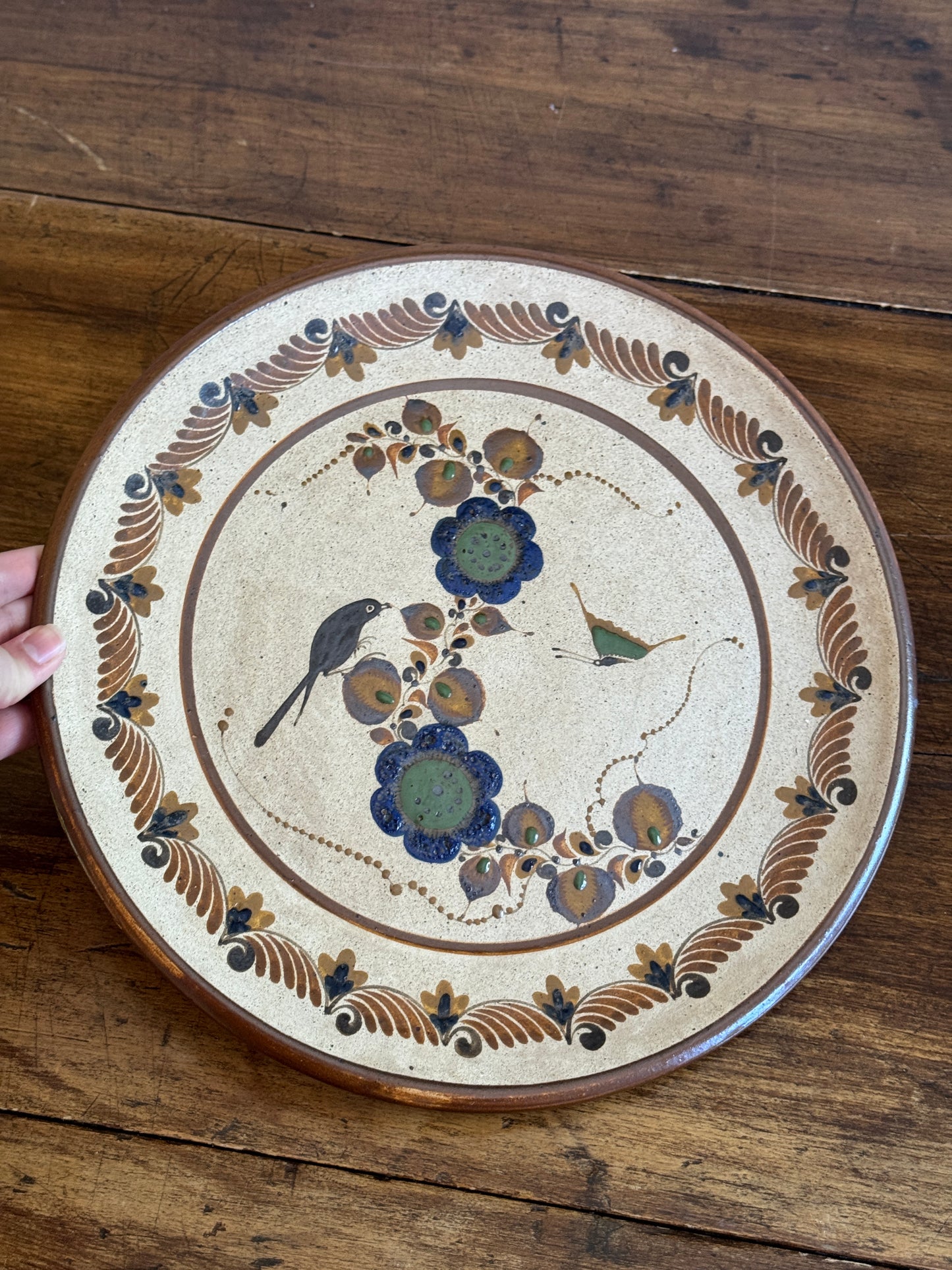 Vintage Large Mexico Pottery Plate with Flower and Bird Painting