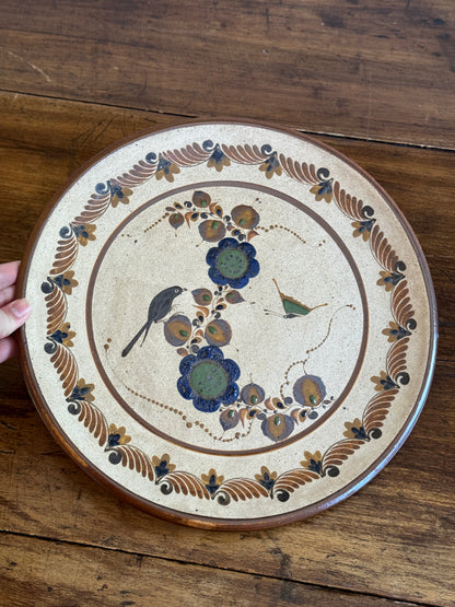 Vintage Large Mexico Pottery Plate with Flower and Bird Painting