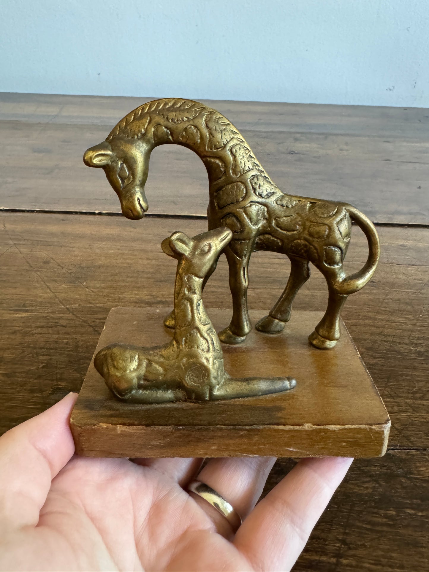 Vintage Small Brass Giraffes on Wooden Base