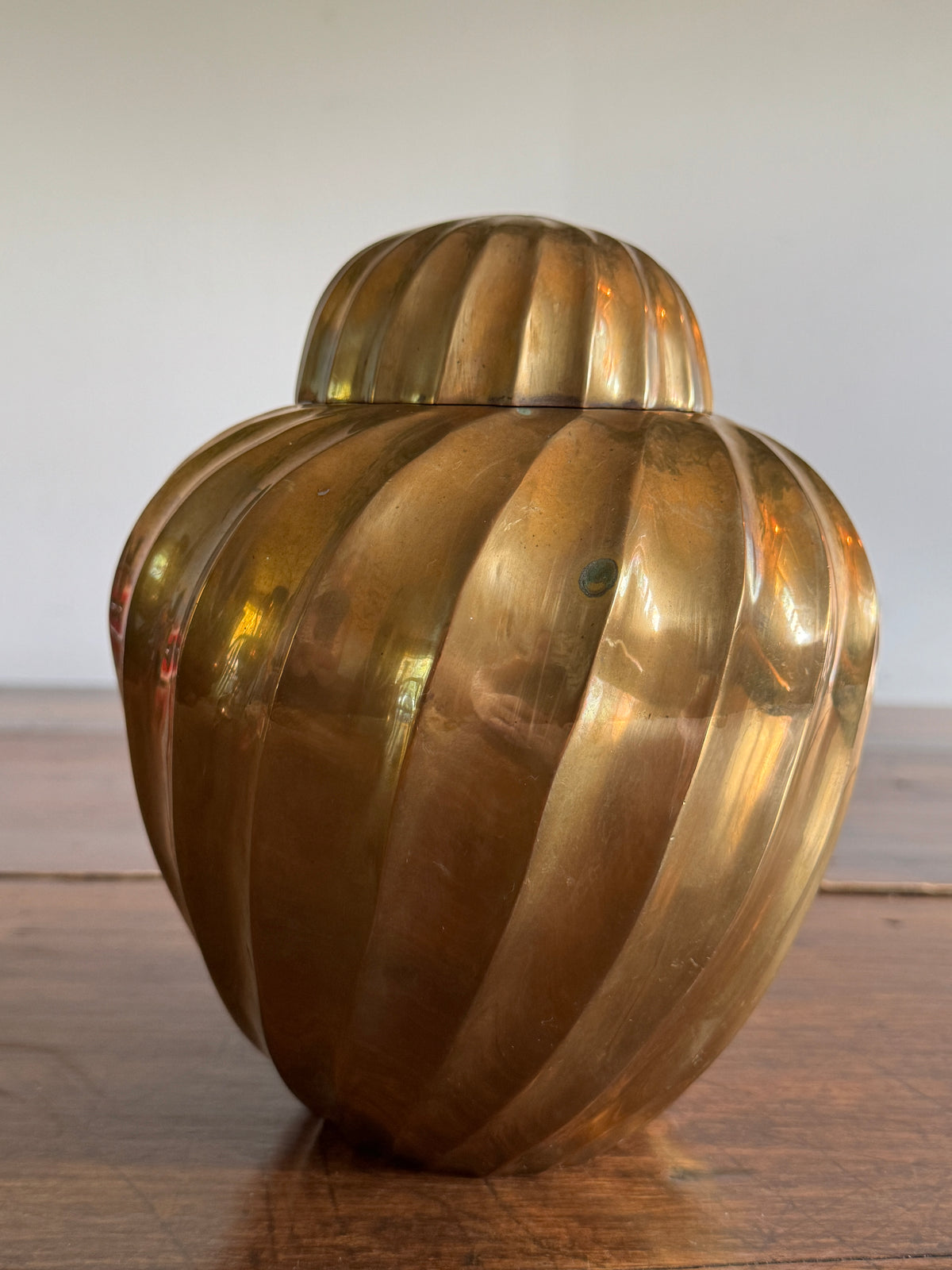 Vintage Heavy Solid Brass Ginger Jar with Swirled Sides and Rounded Lid - Made in India