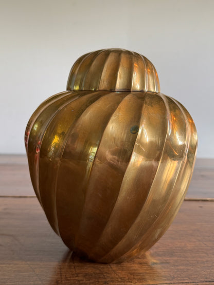 Vintage Heavy Solid Brass Ginger Jar with Swirled Sides and Rounded Lid - Made in India