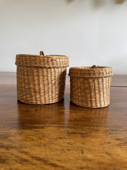 Set of Two Nesting Baskets - Woven Small Storage Baskets with Lids