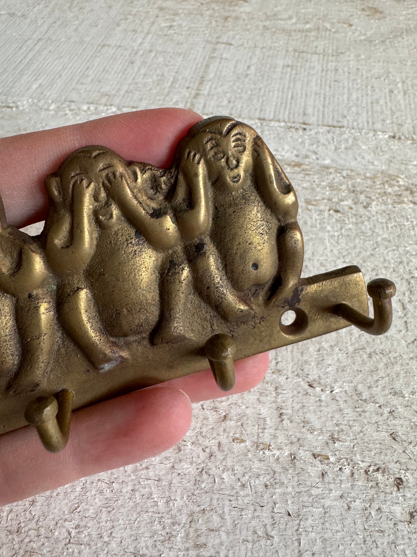 Vintage Brass Wise Monkey Key Hook Organizer - Four Wise Monkeys - Hear, See, Speak, Feel No Evil Key Rack