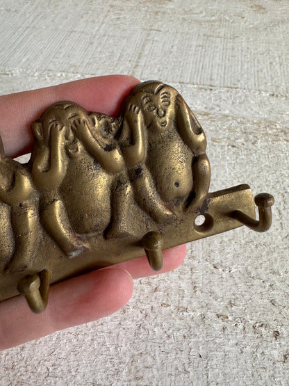Vintage Brass Wise Monkey Key Hook Organizer - Four Wise Monkeys - Hear, See, Speak, Feel No Evil Key Rack
