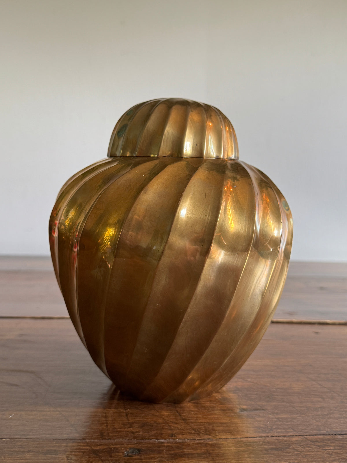 Vintage Heavy Solid Brass Ginger Jar with Swirled Sides and Rounded Lid - Made in India