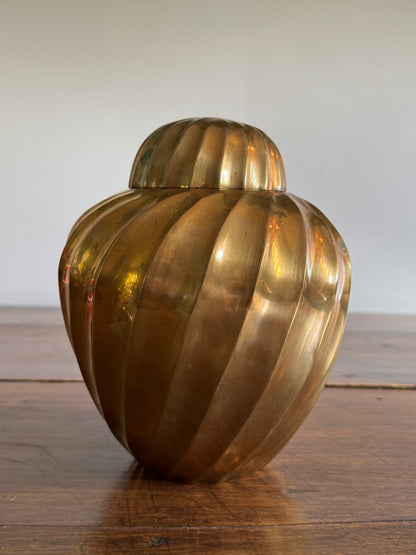 Vintage Heavy Solid Brass Ginger Jar with Swirled Sides and Rounded Lid - Made in India