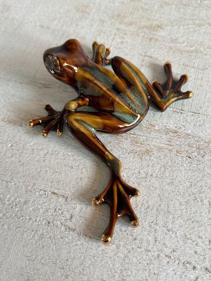 Vintage Pottery Frog with Large Feet - Gold and Green Glazed Frog Figurine