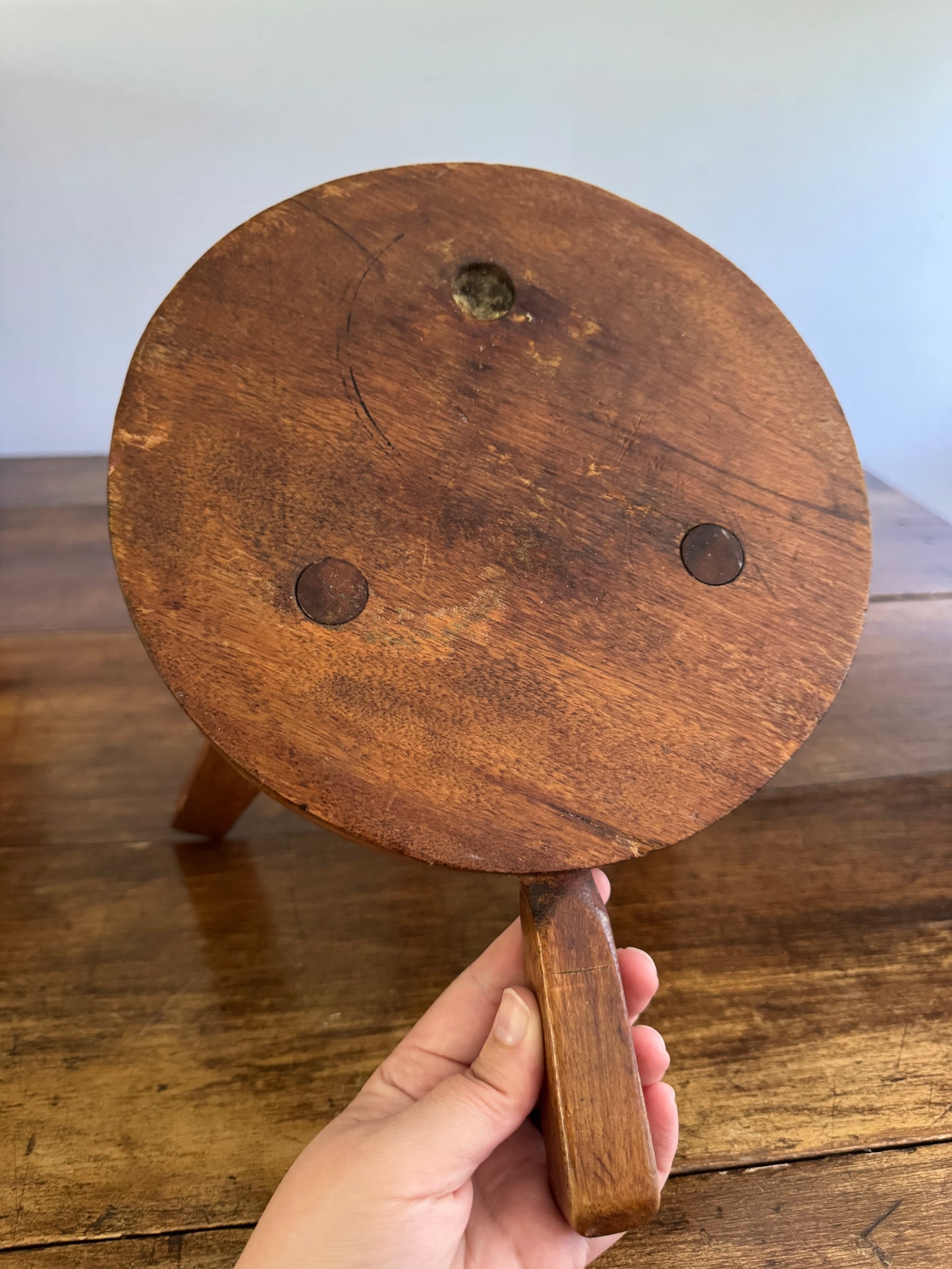 Vintage Small Wood Milk Stool with Handle and Tripod Legs