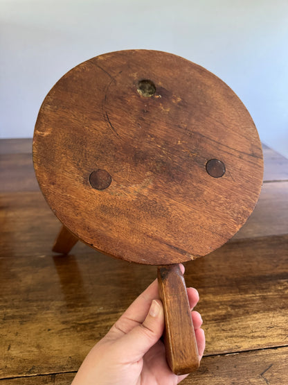 Vintage Small Wood Milk Stool with Handle and Tripod Legs