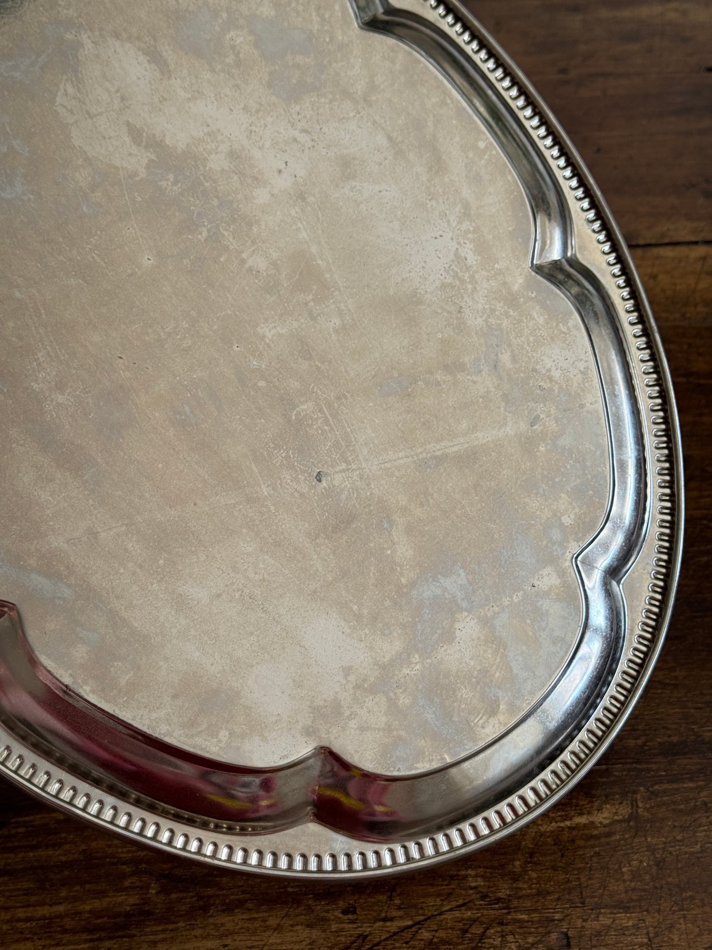 Vintage Silver Tone Large Oval Tray with Scalloped Edge Detailing