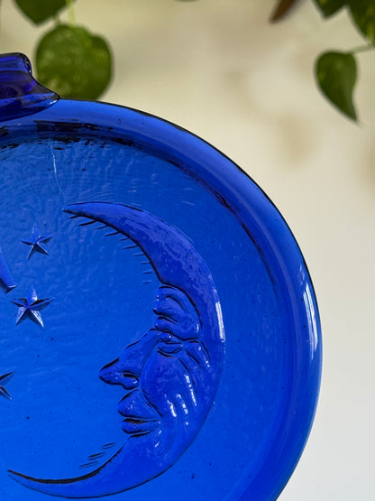 Vintage Cobalt Blue Glass Sun Catch with Man in the Moon Face and Stars