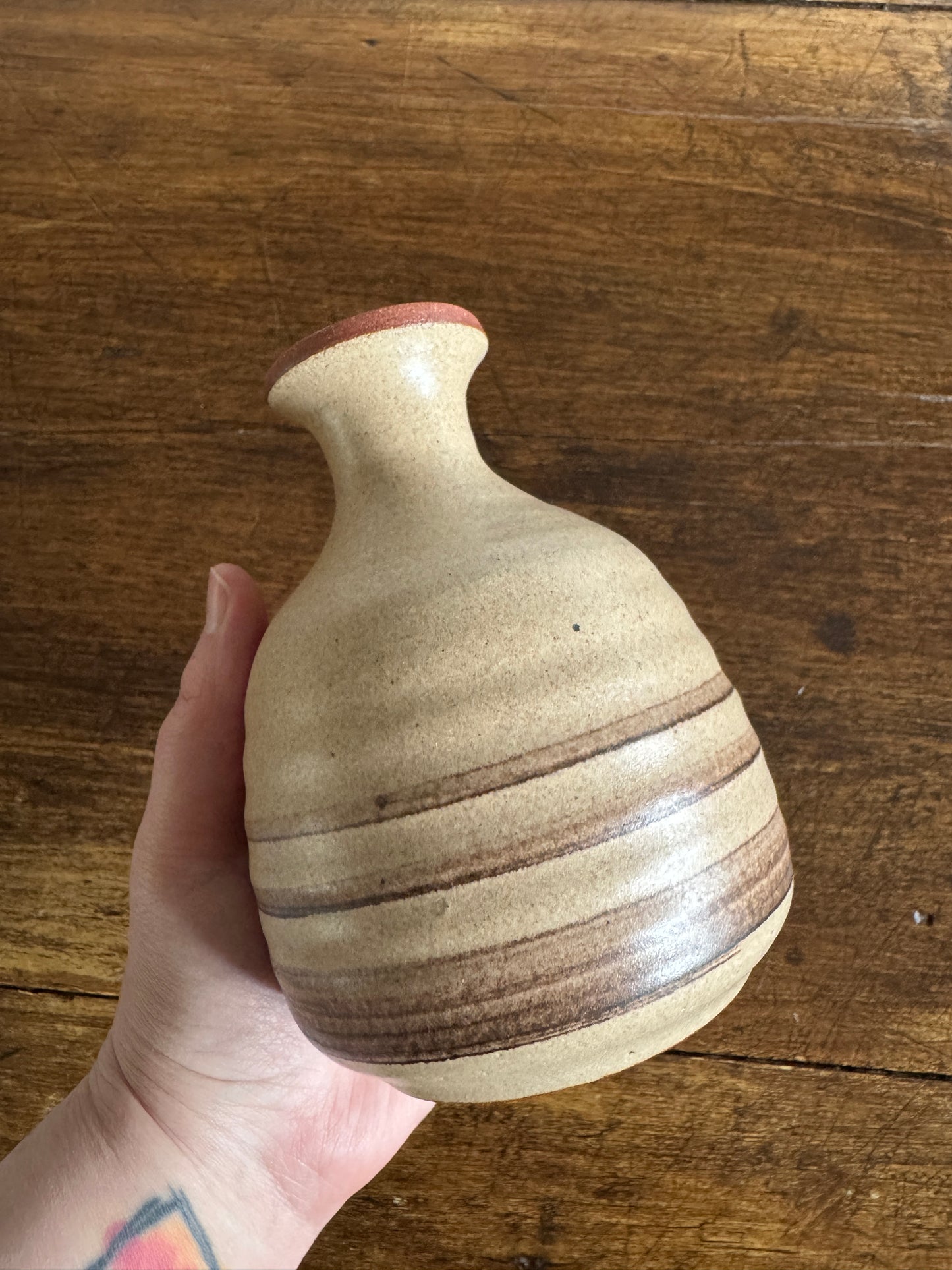 Earthenware Pottery Vase with Tan and Brown Stripe Detailing and Thin Fluted Neck
