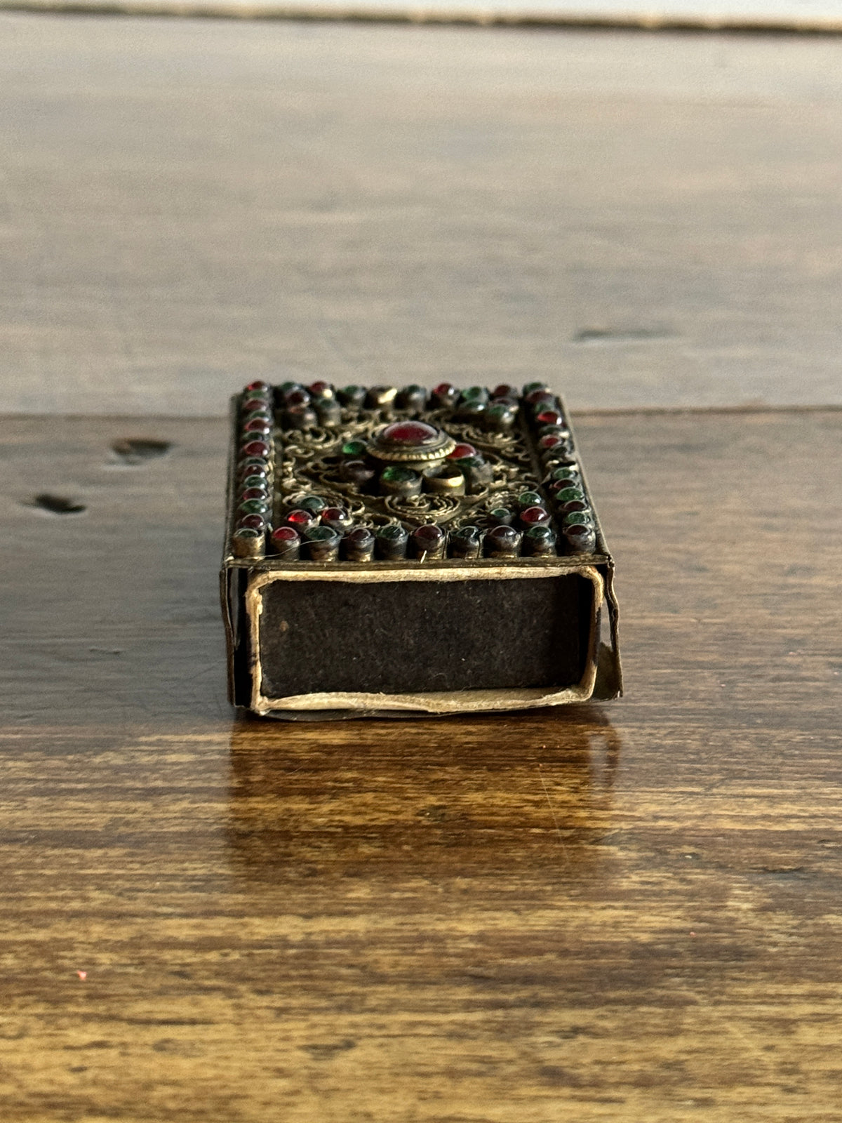 Small Decorative Metal Filigree and Glass Beaded Match Box Cover/Holder