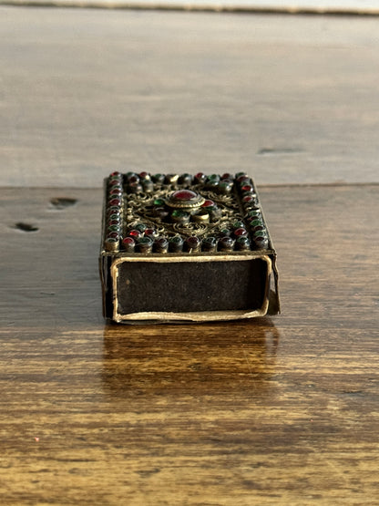 Small Decorative Metal Filigree and Glass Beaded Match Box Cover/Holder