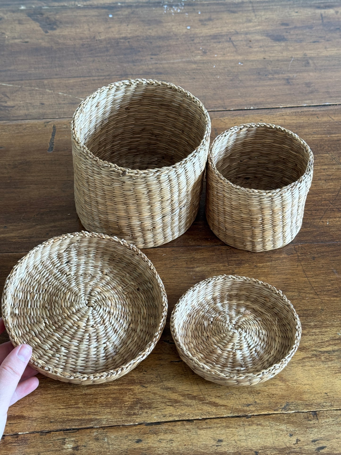 Set of Two Nesting Baskets - Woven Small Storage Baskets with Lids