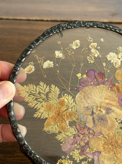 Vintage Pressed Flower Glass Trivet with Metal Edge and Feet