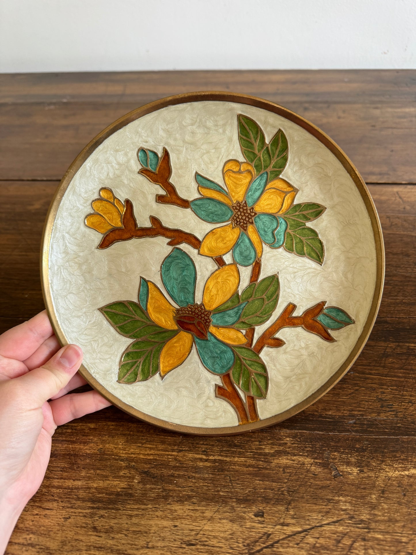 Heavy Enamel Brass Wall Plate with Flower and Leaf Design